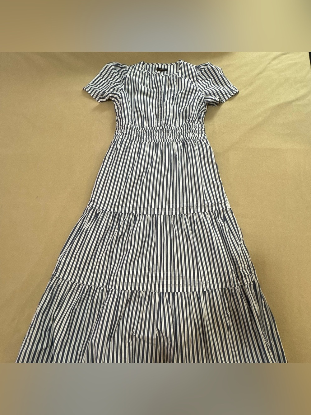 Quince - Poplin tiered lined Maxi Dress with white and navy Hudson Stripes